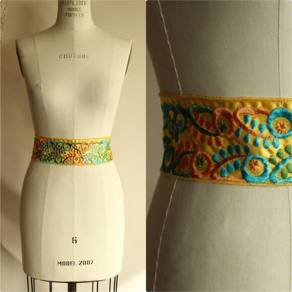 Vintage 1980s 1990s Belt, Ethnic Folk Art Yellow Satin Floral Embroidered Wide - Picture 1 of 10